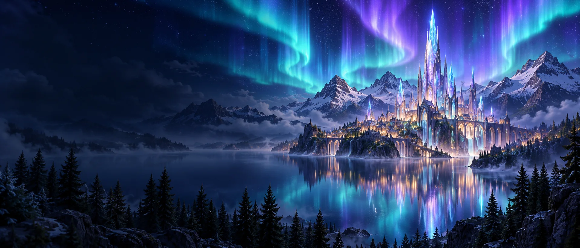 Une cité de cristal au bord d’un lac, sous une aurore boréale